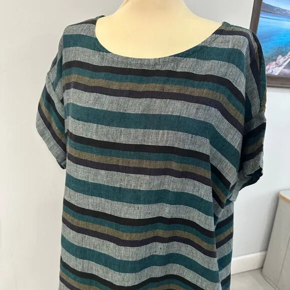 Eileen Fisher Plus Size Organic Stripe Linen Dress Large Short Sleeve Lagenlook