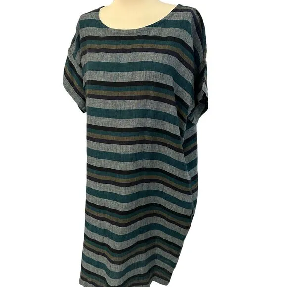 Eileen Fisher Plus Size Organic Stripe Linen Dress Large Short Sleeve Lagenlook