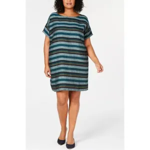 Eileen Fisher Plus Size Organic Stripe Linen Dress Large Short Sleeve Lagenlook