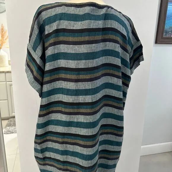 Eileen Fisher Plus Size Organic Stripe Linen Dress Large Short Sleeve Lagenlook