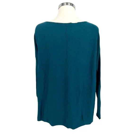 Eileen Fisher Teal Tencel Cotton Silk Blend Lightweight Knit Sweater Size Medium