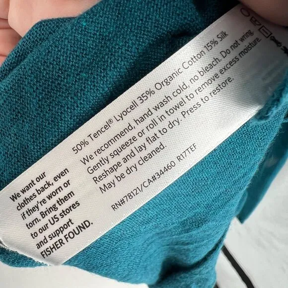 Eileen Fisher Teal Tencel Cotton Silk Blend Lightweight Knit Sweater Size Medium
