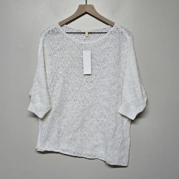 EILEEN FISHER White Organic Cotton Nubble Mesh Asymmetrical Sweater Sz M Resort