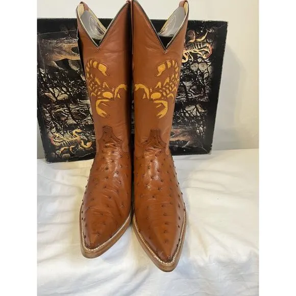 El Alacran De Durango Brown Ostrich Cowboy Boots Sz 8.5 Scorpion