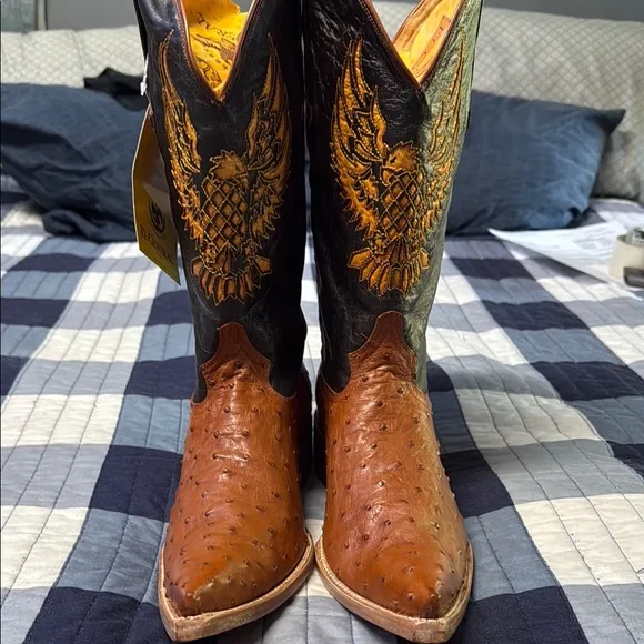 El General Black and Brown Cowboy Boots with Ornate Stitching