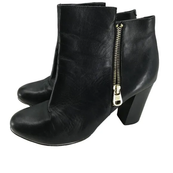 Elliott Lucca Daniella Black Leather Boots Booties Size 8 Gold Zip Anthro Block