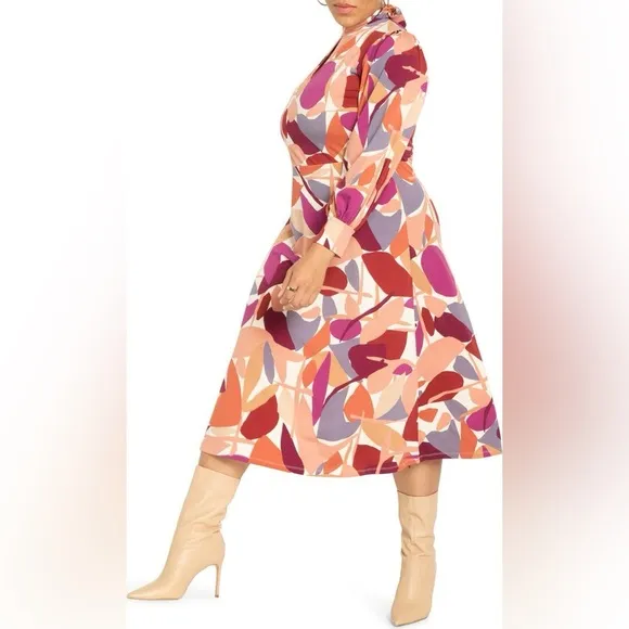 Eloquii Abstract Aline Modern Arts Midi Dress Long Sleeve Stretch Formal Work 22