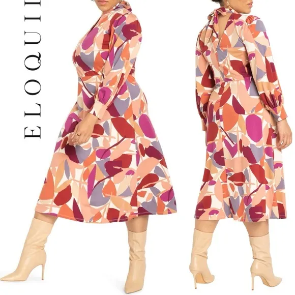 Eloquii Abstract Aline Modern Arts Midi Dress Long Sleeve Stretch Formal Work 22