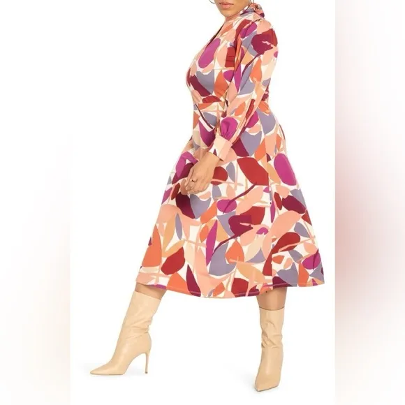 Eloquii Abstract Aline Modern Arts Midi Dress Long Sleeve Stretch Formal Work 22