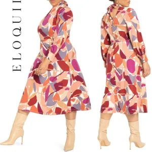 Eloquii Abstract Aline Modern Arts Midi Dress Long Sleeve Stretch Formal Work 22