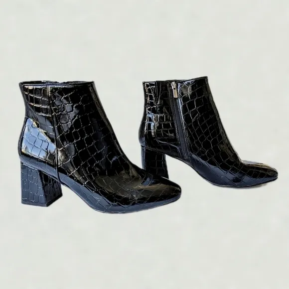 Eloquii Lexa Faux Parent Croc Leather 3&quot; Block Heel Ankle Boot Round Toe- sz 9W