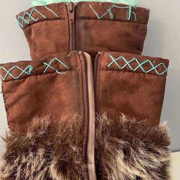 Embroidered Tall Brown Boots Faux Fur 8.5 with Dr Scholls inserts