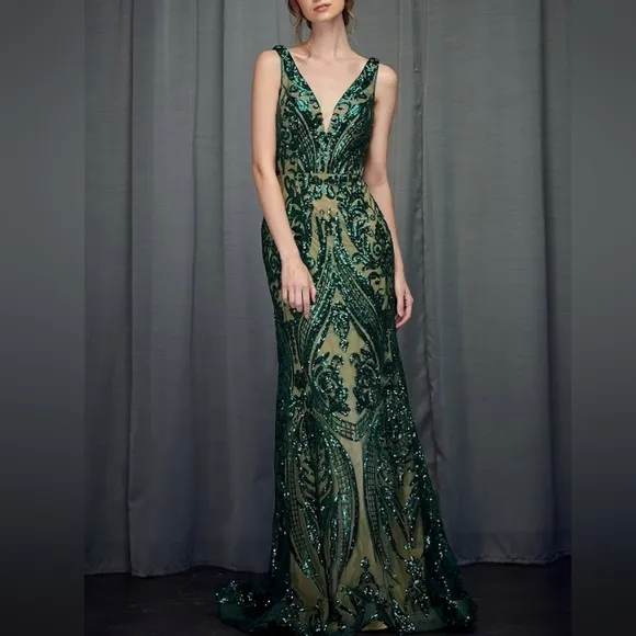 Emerald green/nude sequins fitted long sleeveless gown