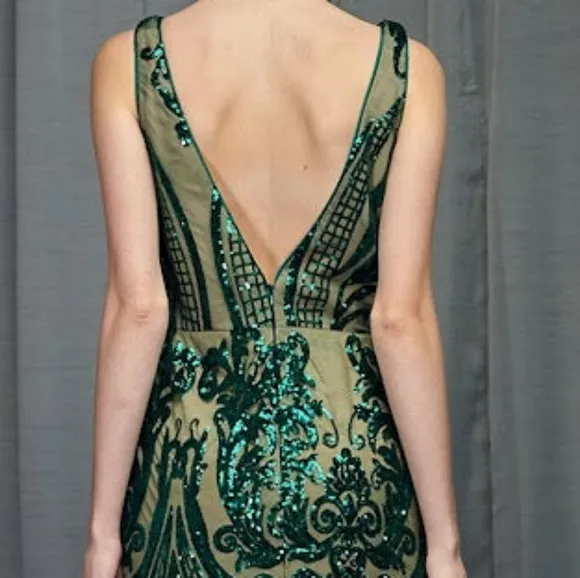 Emerald green/nude sequins fitted long sleeveless gown