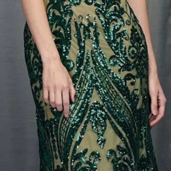 Emerald green/nude sequins fitted long sleeveless gown
