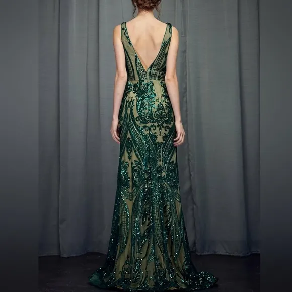 Emerald green/nude sequins fitted long sleeveless gown