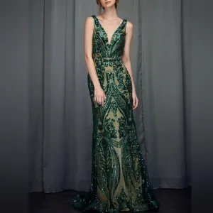 Emerald green/nude sequins fitted long sleeveless gown