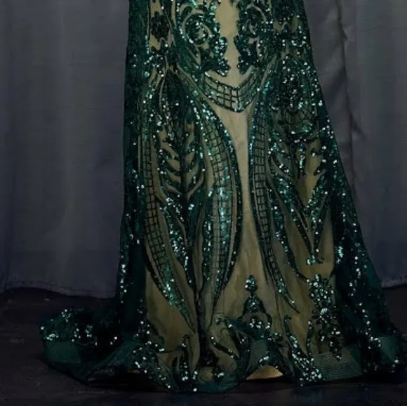 Emerald green/nude sequins fitted long sleeveless gown