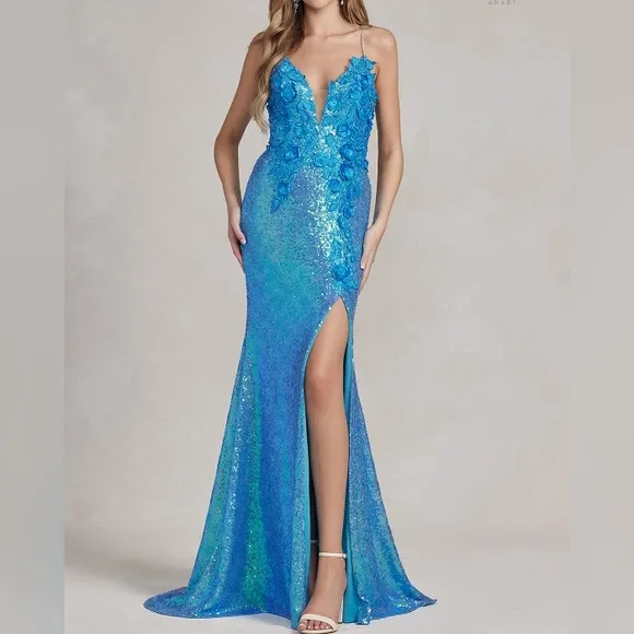 Emerald,blue,purple, black fitted sequins long open back dress