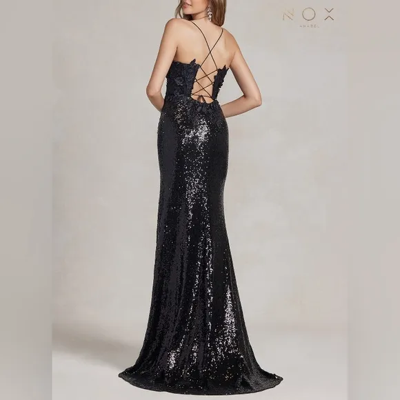 Emerald,blue,purple, black fitted sequins long open back dress