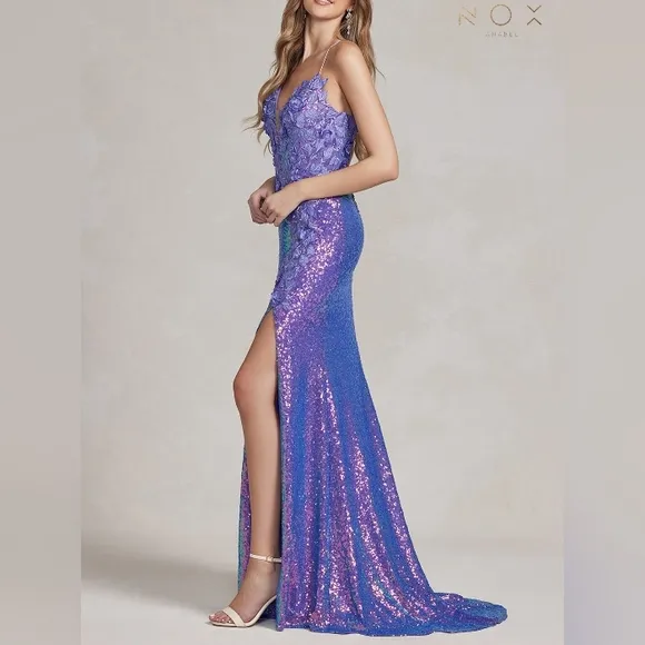 Emerald,blue,purple, black fitted sequins long open back dress