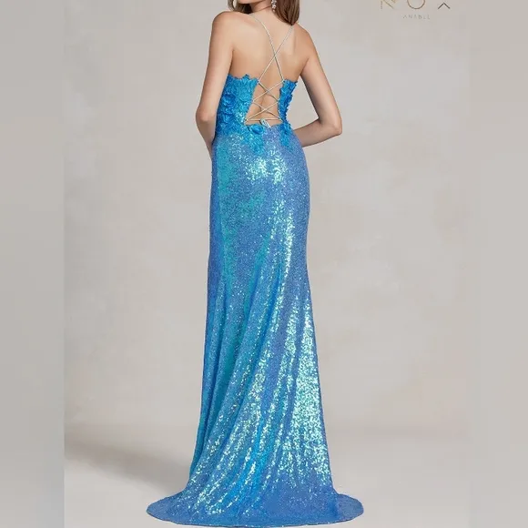 Emerald,blue,purple, black fitted sequins long open back dress