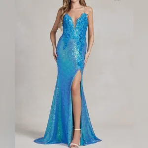 Emerald,blue,purple, black fitted sequins long open back dress