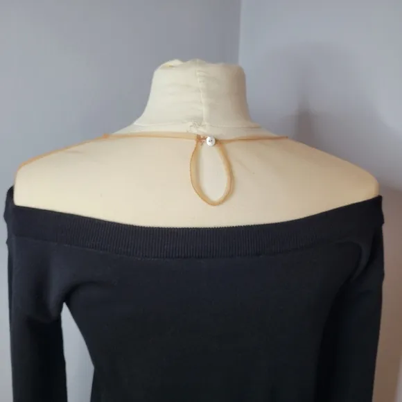ENDLESS ROSE Women Small Black Viscose Off-The-Shoulder Sweater Sheer Pink Top