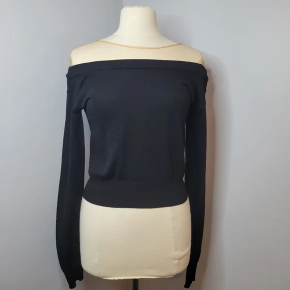ENDLESS ROSE Women Small Black Viscose Off-The-Shoulder Sweater Sheer Pink Top