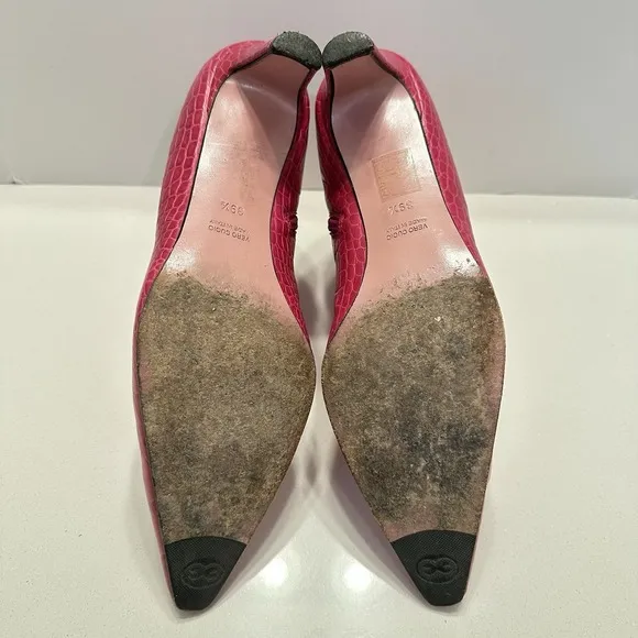 ESCADA PINK ANKLE BOOTIES CROC PATTERN PINTY TOE LOW HEEL Sz 39 1/2 Us 9 ITALY