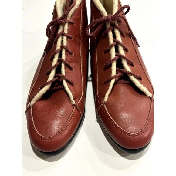 ETIENNE AIGNER Women's Vintage Leather Sherpa Lined Lace Up Ankle Boots Red Sz 8