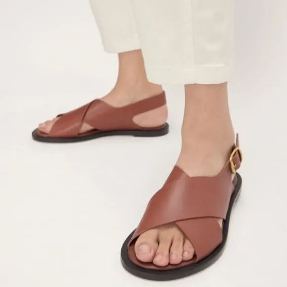 Everlane The City Crossover Sandal Flats Womens Sz 9.5 Rum Brown Leather