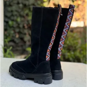 FARM Rio Boots Women's 7.5 Black Tall Suede LugSole Boots with Embroidery NWOT
