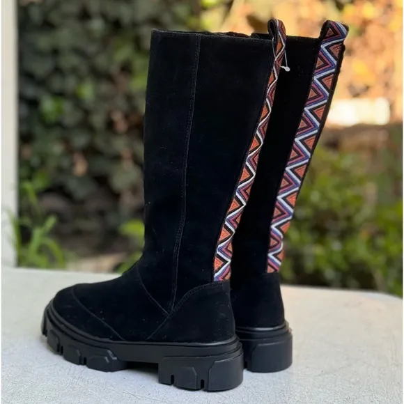 FARM Rio Boots Women's 7.5 Black Tall Suede LugSole Boots with Embroidery NWOT