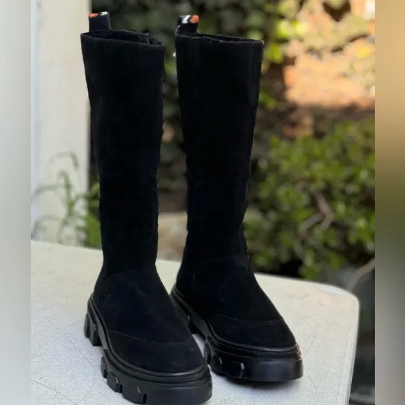 FARM Rio Boots Women's 7.5 Black Tall Suede LugSole Boots with Embroidery NWOT