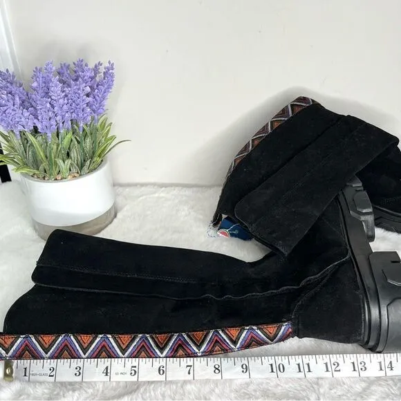 FARM Rio Boots Women’s 7.5 Black Tall Suede Lug Sole Boots with Embroidery NWT