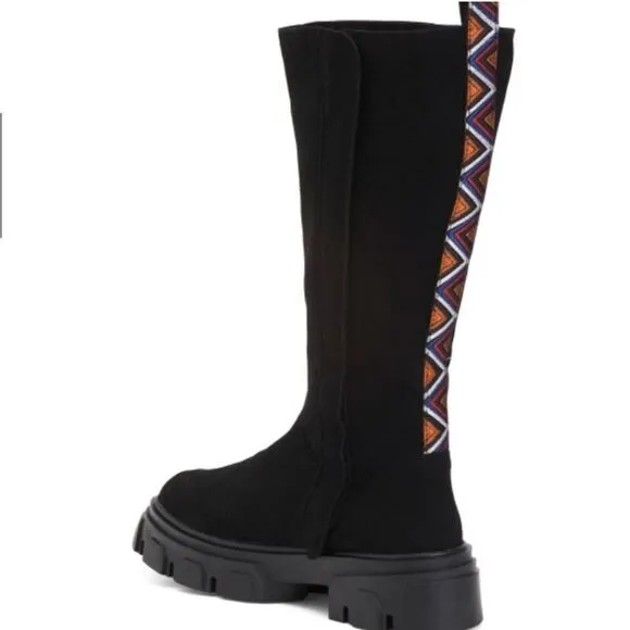 FARM Rio Boots Women’s 7.5 Black Tall Suede Lug Sole Boots with Embroidery NWT
