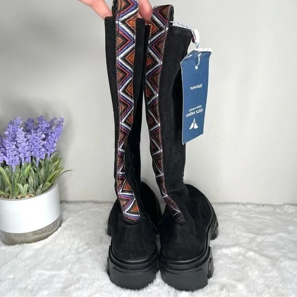 FARM Rio Boots Women’s 7.5 Black Tall Suede Lug Sole Boots with Embroidery NWT