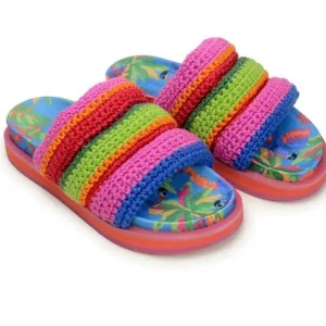 Farm Rio EUC Blue Macaw Crochet Anatomic Platform Slide Sandal with box Size 8