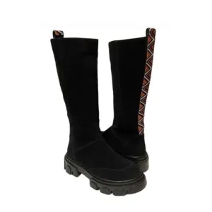 Farm Rio Women's Knee High Suede Embroidered Tall Lug Boots Black Sz 8.5