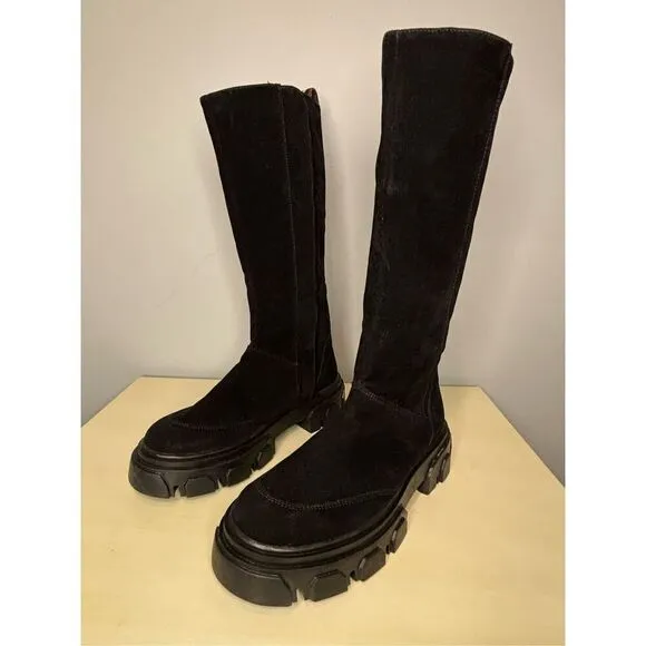 Farm Rio Women's Knee High Suede Embroidered Tall Lug Boots Black Sz 8.5
