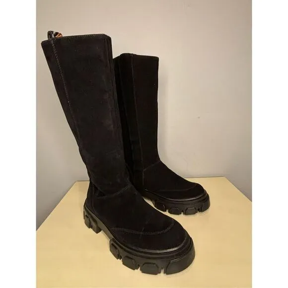 Farm Rio Women's Knee High Suede Embroidered Tall Lug Boots Black Sz 8.5