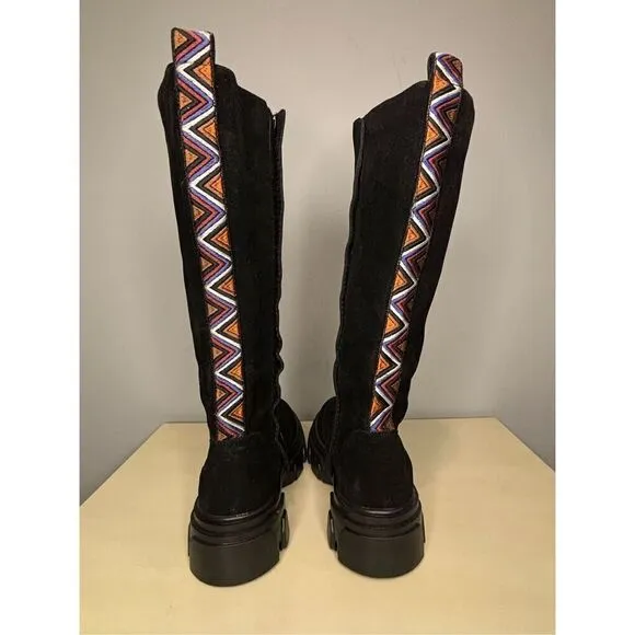 Farm Rio Women's Knee High Suede Embroidered Tall Lug Boots Black Sz 8.5