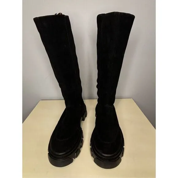 Farm Rio Women's Knee High Suede Embroidered Tall Lug Boots Black Sz 8.5