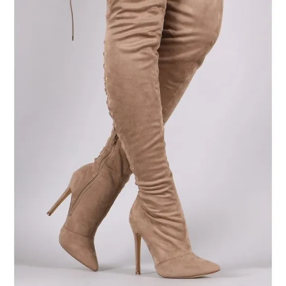 Faux suede back studded lace up pointy toe boots