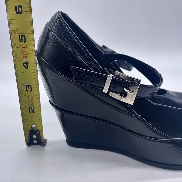 FENDI Black Leather Mary Jane Wedge Shoes, Italian Leather, Monogram Buc…