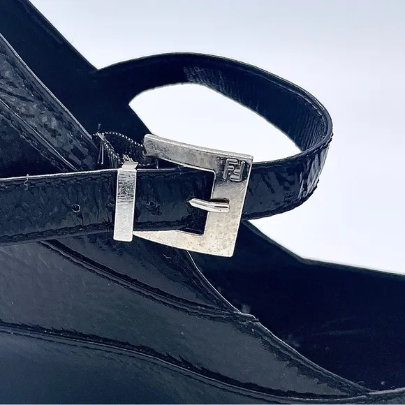 FENDI Black Leather Mary Jane Wedge Shoes, Italian Leather, Monogram Buc…