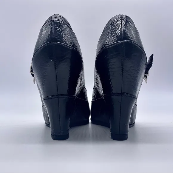 FENDI Black Leather Mary Jane Wedge Shoes, Italian Leather, Monogram Buc…