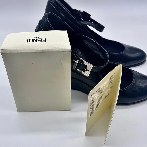FENDI Black Leather Mary Jane Wedge Shoes, Italian Leather, Monogram Buc…