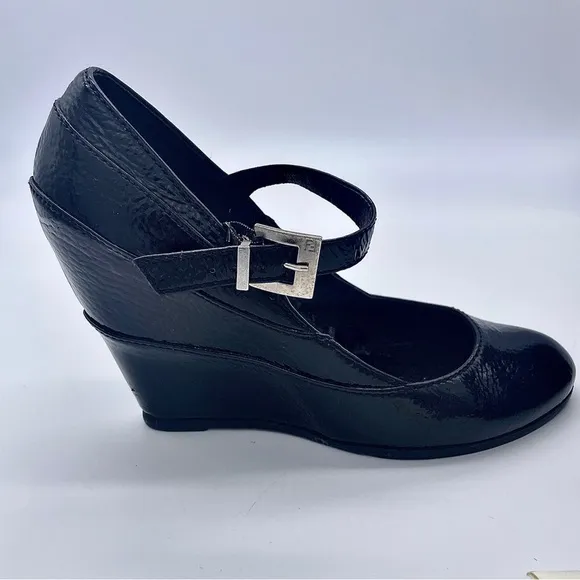 FENDI Black Leather Mary Jane Wedge Shoes, Italian Leather, Monogram Buc…